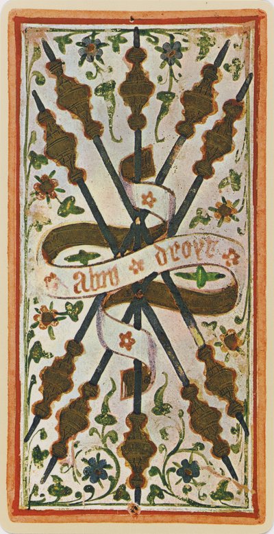 De vijf van staven, facsimile van een tarotkaart uit het 